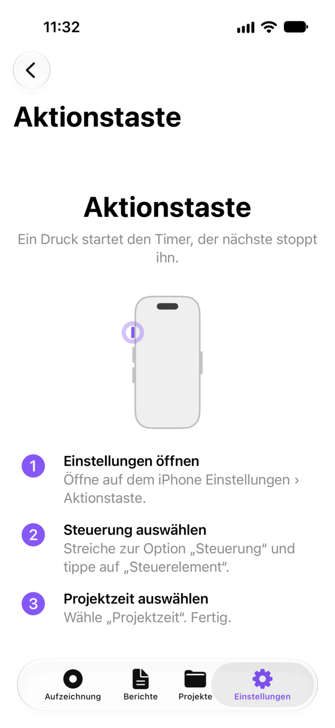 Die Anleitung „Aktionstaste einrichten“ aus den Einstellungen der App