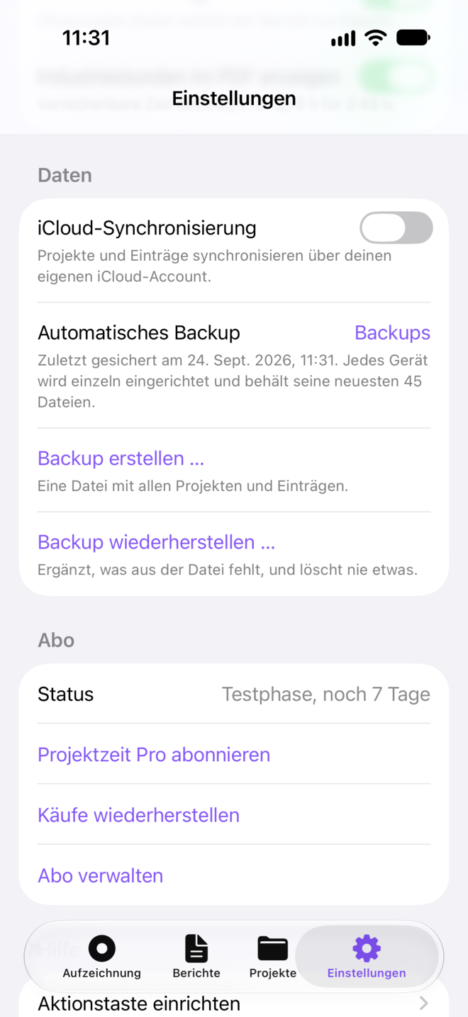 Der Bereich „Daten“ in den Einstellungen mit iCloud-Synchronisierung und Backup
