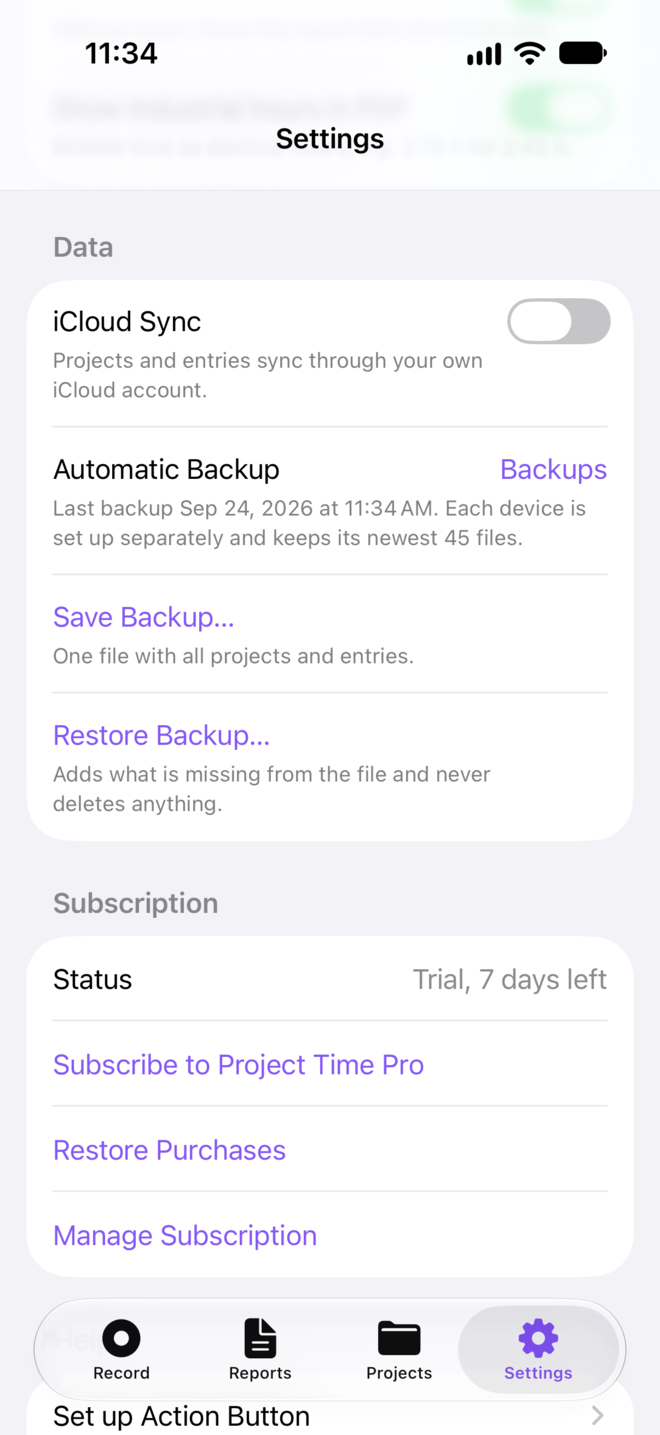 The Data section of Settings with iCloud Sync and backup