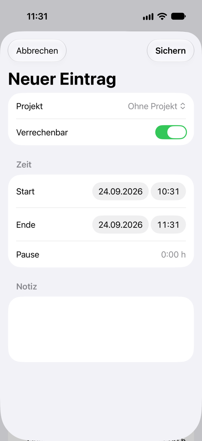 Der Editor „Neuer Eintrag“ mit Projekt, „Verrechenbar“, Start, Ende, Pause und Notiz