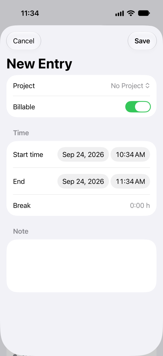 The “New Entry” editor with project, “Billable”, start, end, break and note