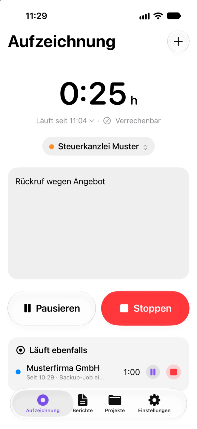Der Bildschirm „Aufzeichnung“ mit einem laufenden Timer und einem zweiten unter „Läuft ebenfalls“