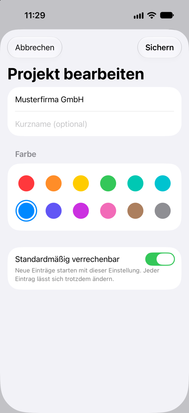 Der Projekt-Editor mit Name, Kurzname, Farbe und der Einstellung „Standardmäßig verrechenbar“