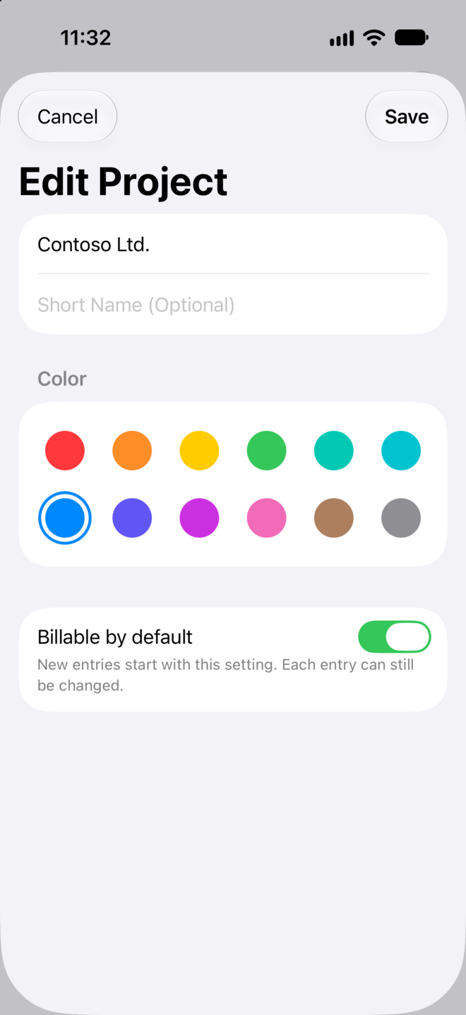 The project editor with name, short name, color and the setting “Billable by default”