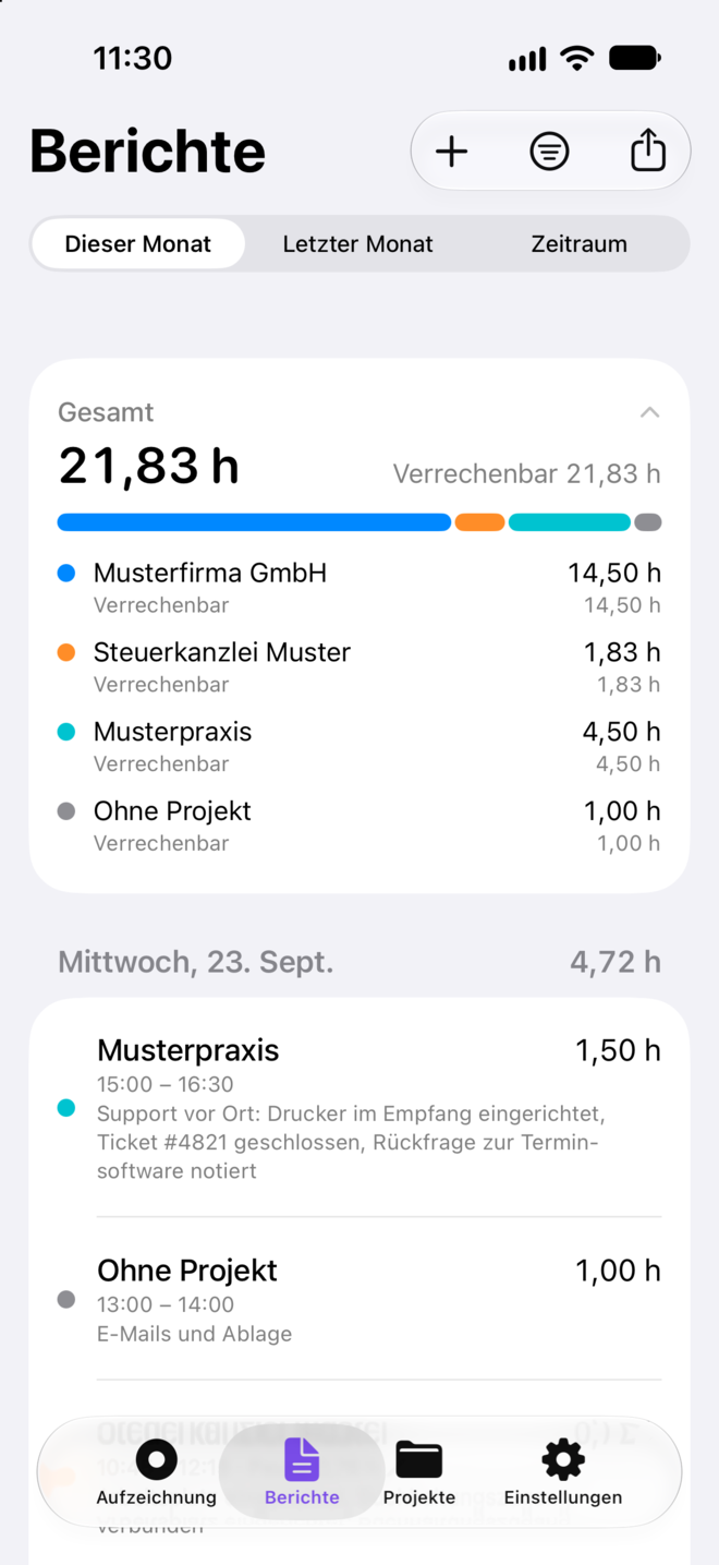 Der Bereich „Berichte“ mit der Summe des Monats in Industriestunden und der Zusammenfassung je Projekt