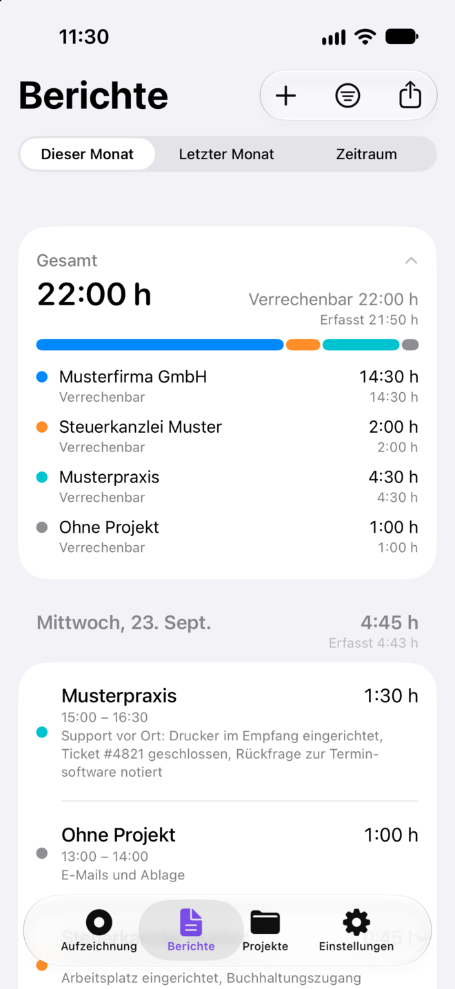 Der Bereich „Berichte“ mit auf 15 Minuten gerundeten Zeiten und der erfassten Zeit darunter