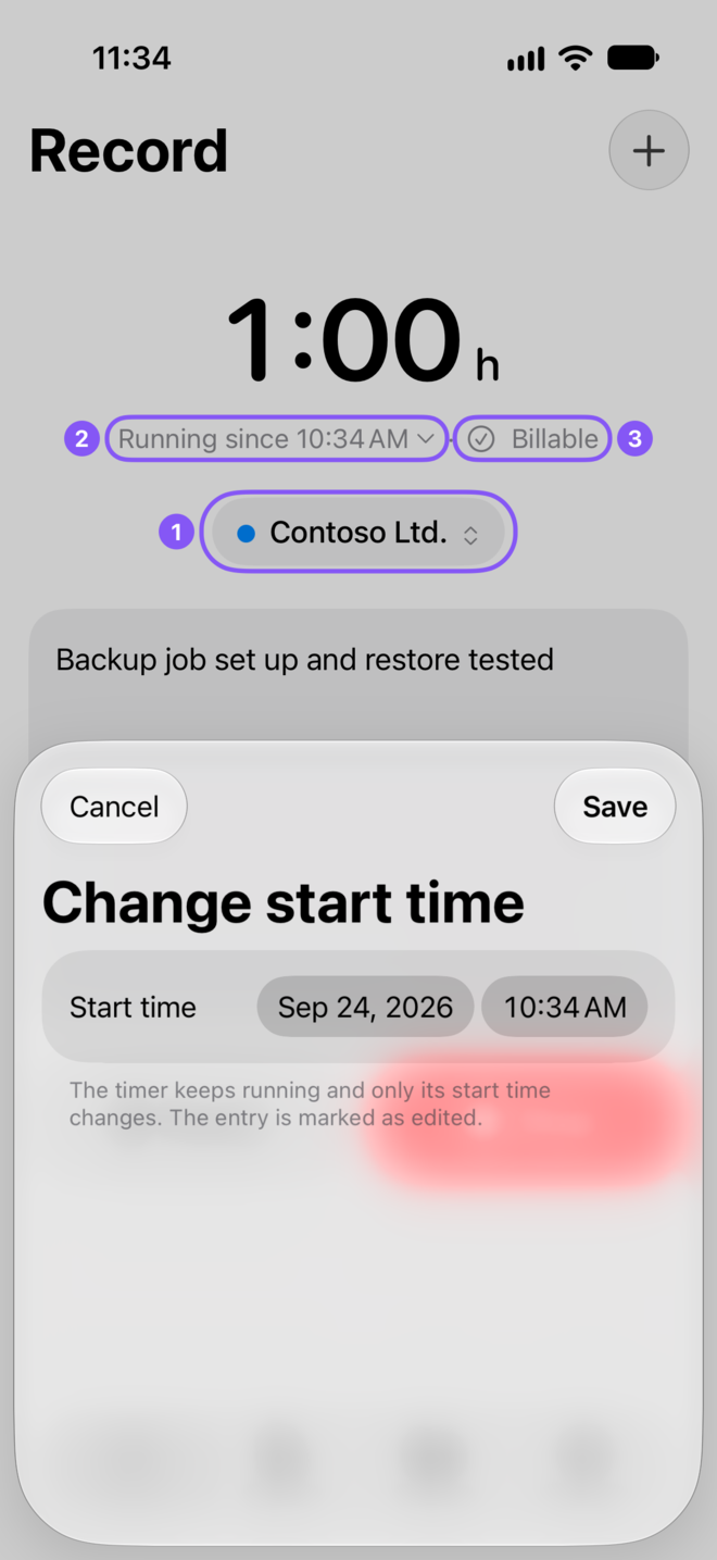 The “Change start time” screen over the Record screen, with 1 the project, 2 “Running since …” and 3 “Billable” ringed.