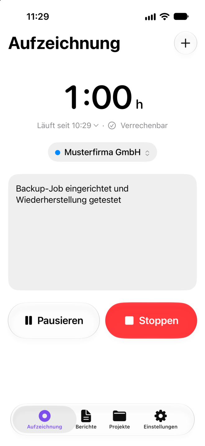 Der Bildschirm „Aufzeichnung“ auf dem iPhone mit laufendem Timer, Projekt und Notiz