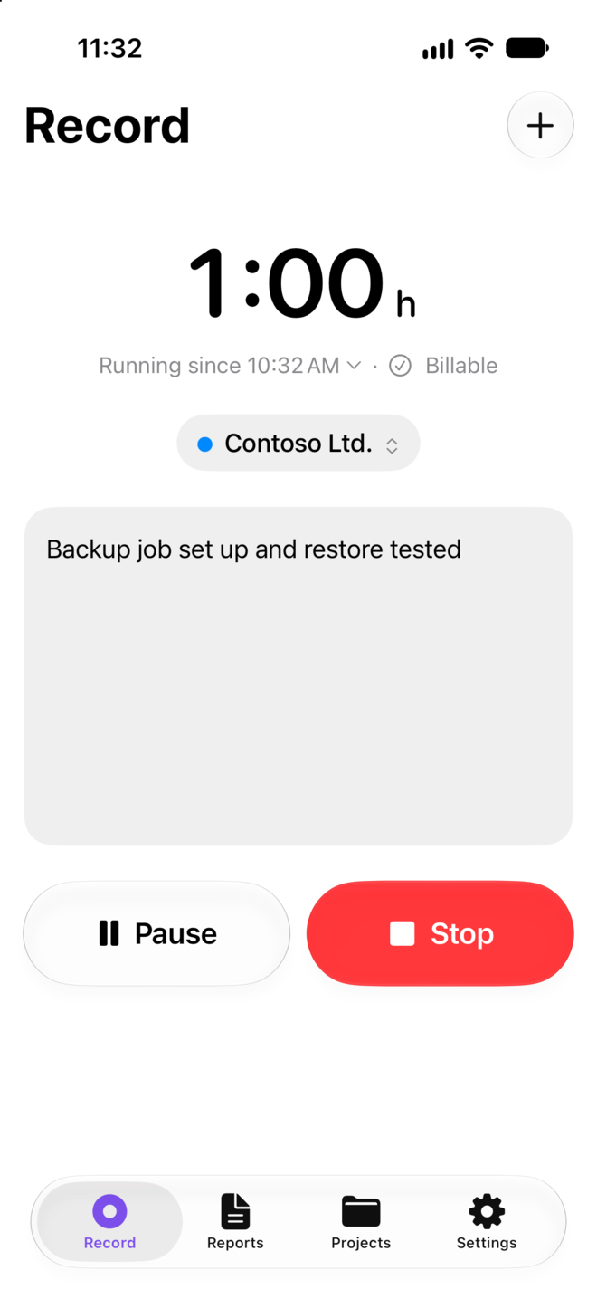 The Record screen on iPhone with a running timer, project and note