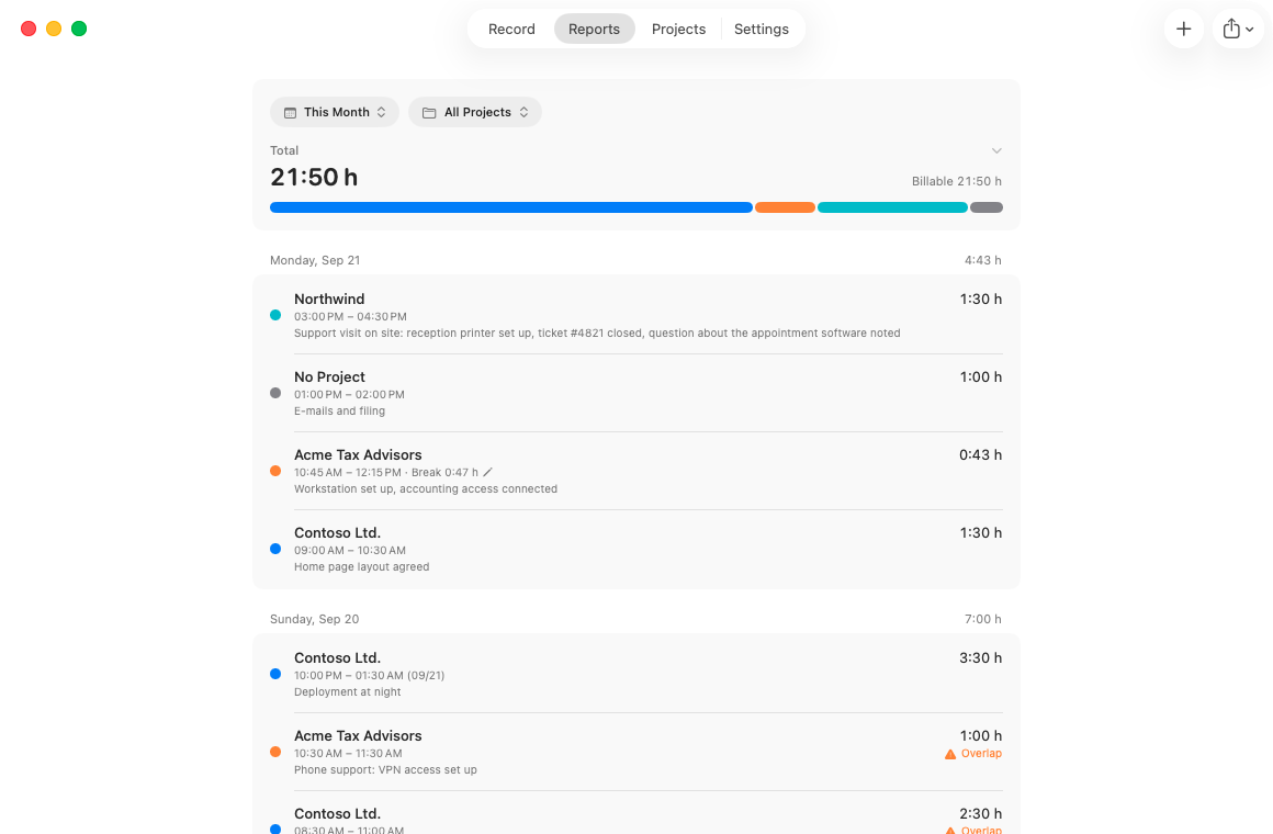 The Reports section on the Mac with the month's total and the entries day by day