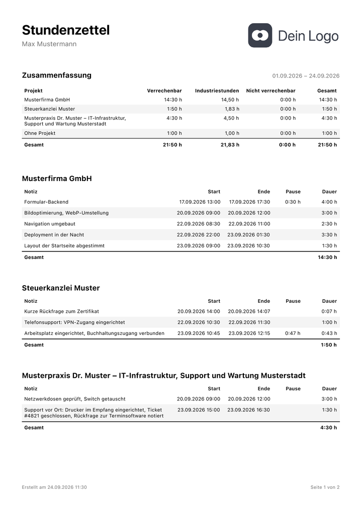 Die erste Seite eines Berichts als PDF mit Beispiel-Logo, Titel „Stundenzettel“, Untertitel, Zusammenfassung und Einträgen je Projekt